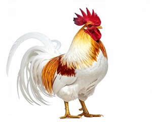 Proud rooster struts, showing off its striking plumage. White and gold feathers catch the light, contrasted by its bright red comb. Isolated on white