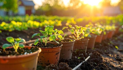 Rows of small terracotta pots, filled with seedlings, sit in a garden bed at sunset. Sunlight highlights the young plants