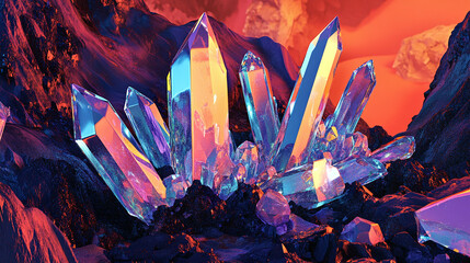 Vibrant Stylized Illustration of Hematite Crystals with Sharp Reflective Edges Growing from Dark Earth in a Striking Contrast