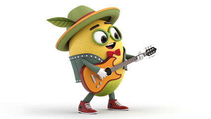 Cartoon lemon character playing electric guitar fruit