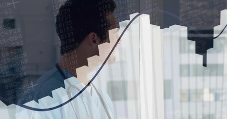 Medical doctor writing on tablet, generating 3D bar chart with rising curved line and error text - Powered by Adobe