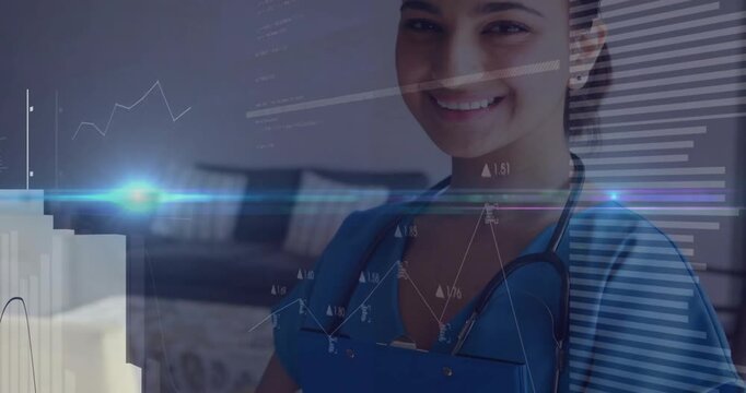Nurse shifting posture and smiling as animated line graphs and bar charts intensifying medical data