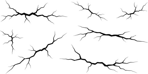 Crack silhouette icon set, wall damage, broken surface, fracture pattern, black vector illustration, abstract split lines, destruction, stress marks