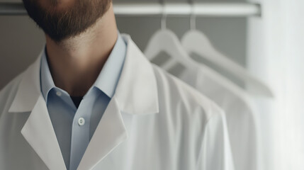 Upper torso of a person with a beard wearing a white medical or laboratory coat over a light blue dress shirt. Hangers with similar white coats behind.