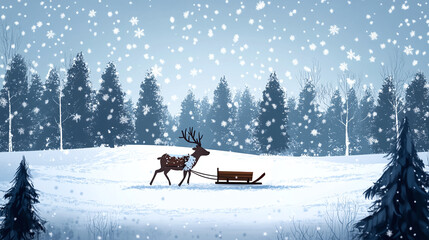 Reindeer Pulling Traditional Wooden Sled in Snowy Winter Forest with Falling Snowflakes and Pine Trees Creating a Serene Festive Atmosphere