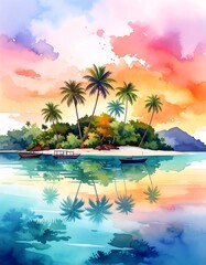 Tropical island paradise sunset reflection