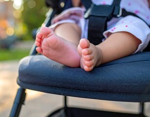 Baby feet in stroller outdoors