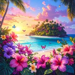 Tropical island paradise sunrise