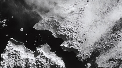 An aerial view of the Arctic, with vast areas of ice melting away, revealing dark, warm ocean water below, and the effects of rising temperatures clearly visible