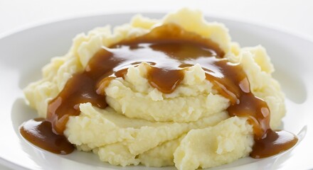 Romige aardappelpuree overgoten met rijke bruine saus. AI Generated