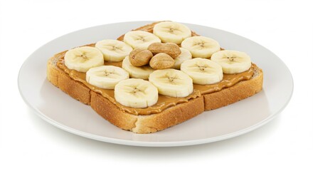 Heerlijke pindakaas toast met bananen schijfjes licht gouden tint. AI Generated