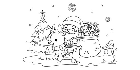 Santa Claus with Christmas Tree and Snowman Cartoon Coloring Illustration