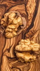 Two walnuts on an olive wood cutting board