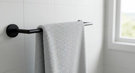 Stijlvolle zwarte handdoekhouder glanst zacht in modern bad. AI Generated