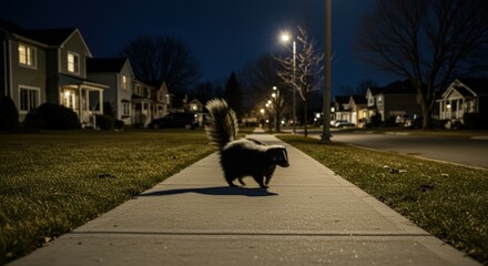 Skunk walking on sidewalk at night