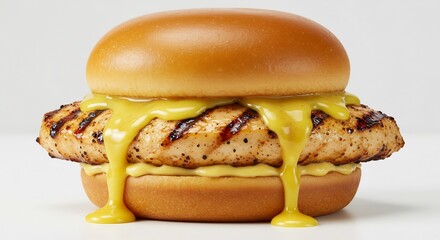 Smakelijke gegrilde kipburger met mosterdsaus heerlijk belicht. AI Generated