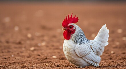 Statig witte haan pronkt warm gouden licht boerderijgrond. AI Generated