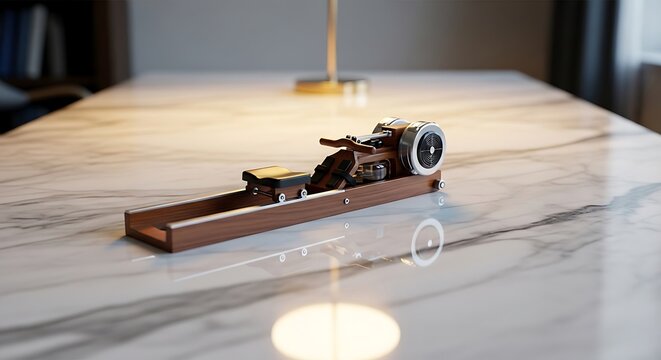 Elegant miniature rowing machine on a marbled surface, reflecting light