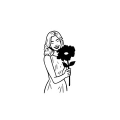 Black and white vector illustration of a beautiful woman holding a flower, minimal clean line art style