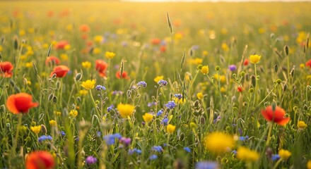 Zacht gouden licht over stralende bloemenveld; vrolijke kleuren dansen zachtjes in zomerwind. AI Generated