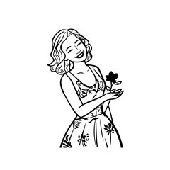 Black and white vector illustration of a beautiful woman holding a flower, minimal clean line art style