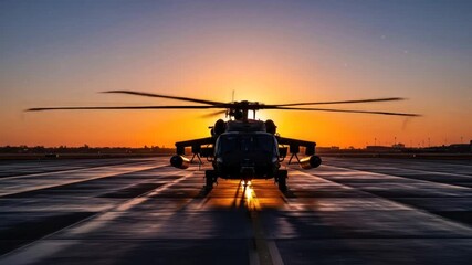 Helicopter silhouetted against a vibrant sunset on a runway.