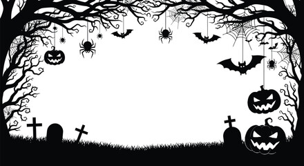 Spooky Halloween silhouette scene with pumpkins, bats, spiders, and graves.