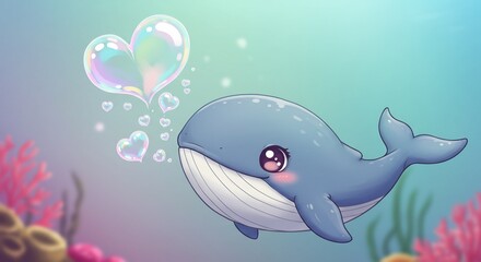 Lieve blauwe walvis blaast zachtjes harten onderwater. AI Generated