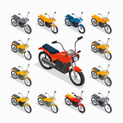 Isometric View of Motorcycles in Various Colors.