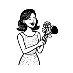 Black and white vector illustration of a beautiful woman holding a flower, minimal clean line art style