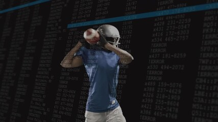 Quarterback shifting weight and winding up throw, with pulsing code lines for sports analytics - Powered by Adobe