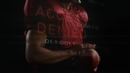 Football player cradling ball, lifting head showing helmet glitching ACCESS DENIED pulsing lines - Powered by Adobe
