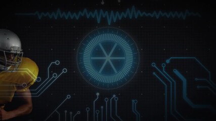 Pulsing interface guiding athlete through grid, football breaking circuit lines showing sports tech - Powered by Adobe