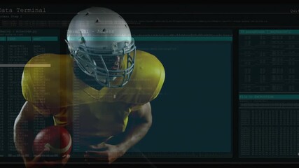 Football player gripping ball anticipating snap then launching drive under sports analytics overlay - Powered by Adobe