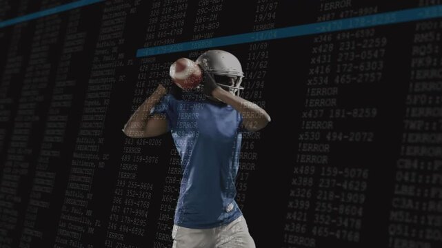 Quarterback shifting weight and winding up throw, with pulsing code lines for sports analytics - Powered by Adobe