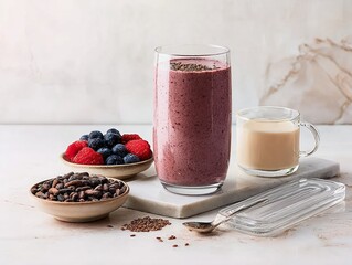 A vibrant berry smoothie with chia seeds, accompanied by fresh berries, cocoa beans, and a side of milk on a minimalist white surface.