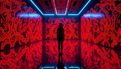 Hallway Of Red Light And Reflections