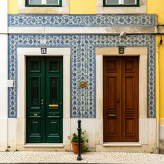 Two doors on a yellow building with decorative tiles