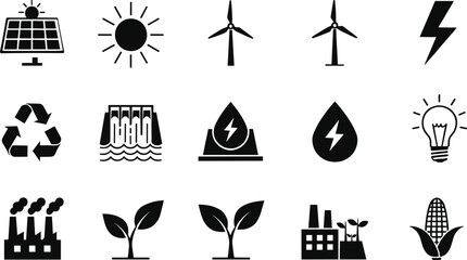 Sustainable energy icon set, solar panel, wind turbine, hydro power, recycling, eco factory, black vector illustration, environmental symbols © Wajkuruni