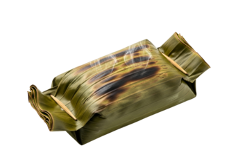 A rectangular package, wrapped in browned and slightly charred banana leaves, steaming gently.