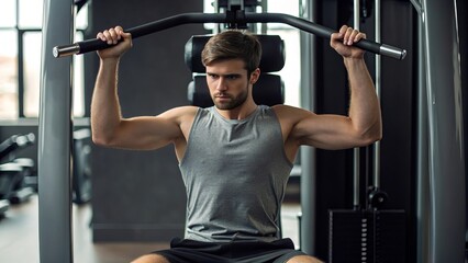 Naklejka premium Young man in modern gym performing lat pulldown exercise for back muscles, showcasing strength, athletic body, and fitness dedication