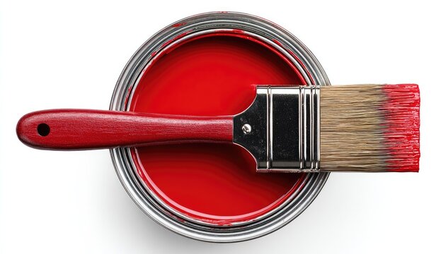 Red paint can and brush, overhead view (1)