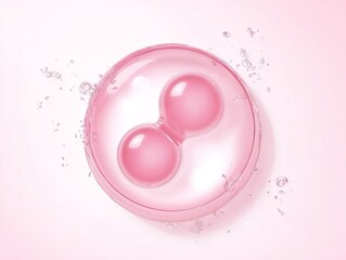 A close-up illustration of a pink, translucent cell-like structure with two spherical components, set against a soft pink background with subtle water droplets.