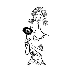 Black and white vector illustration of a beautiful woman holding a flower, minimal clean line art style