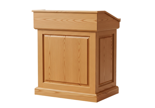 A light beige wooden podium, featuring intricate paneling, stands out against a black background. - Powered by Adobe