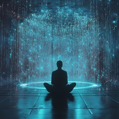 A solitary figure meditates amidst a digital rain of blue light, merging technology and spirituality in a serene and futuristic scene