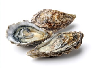 Two open oysters, side view.  Fresh, raw, seafood.  Shell detail,  light gray/brown color,  interior flesh, white/cream