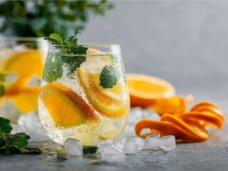 A refreshing citrus-infused drink garnished with mint and orange slices, served on a textured surface with ice cubes.