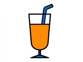A stylized illustration of a tall glass filled with orange liquid and a blue straw, depicted in a minimalist design against a white background.