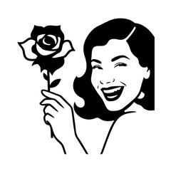 Black and white vector illustration of a beautiful woman holding a flower, minimal clean line art style
